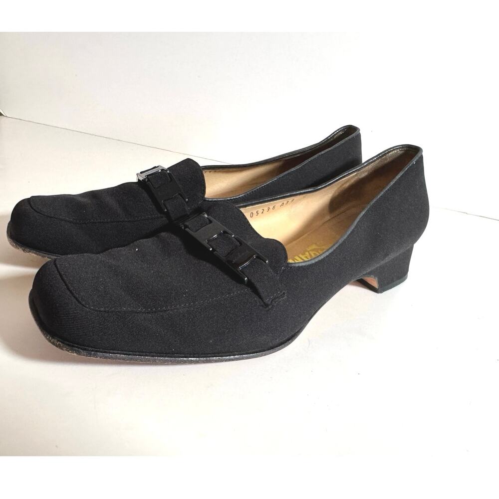 Vtg 90s Salvatore Ferragamo Black Canvas Gancini Block Heel Pumps Women 8 Italy